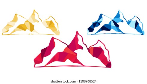 Red, Yellow and Blue Polygon Geometric Vector Illustration Flat Line Icon, Sign, Symbol of Landscape Hill Mountain. Graphic Design Outline Silhouette EPS10.