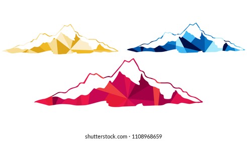 Red, Yellow and Blue Polygon Geometric Vector Illustration Flat Line Icon, Sign, Symbol of Landscape Hill Mountain. Graphic Design Outline Silhouette EPS10.