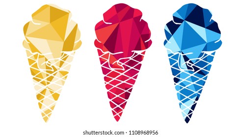 Red, Yellow and Blue Polygon Geometric Vector Illustration Flat Line Icon, Sign, Symbol of Summer Ice Cream Sweet Dessert. Graphic Design Outline Silhouette EPS10.