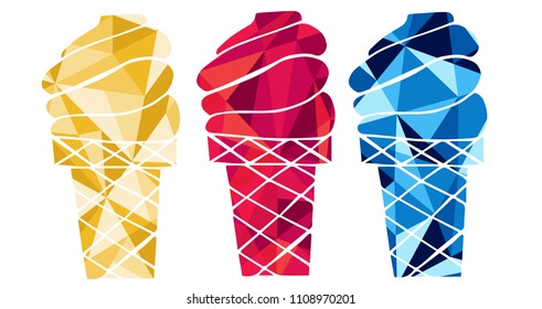 Red, Yellow and Blue Polygon Geometric Vector Illustration Flat Line Icon, Sign, Symbol of Summer Ice Cream Sweet Dessert. Graphic Design Outline Silhouette EPS10.