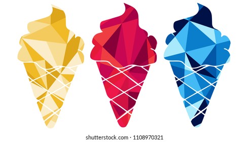 Red, Yellow and Blue Polygon Geometric Vector Illustration Flat Line Icon, Sign, Symbol of Summer Ice Cream Sweet Dessert. Graphic Design Outline Silhouette EPS10.