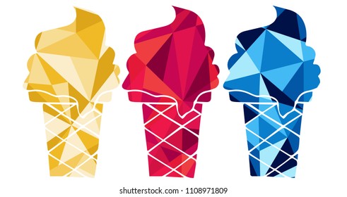 Red, Yellow and Blue Polygon Geometric Vector Illustration Flat Line Icon, Sign, Symbol of Summer Ice Cream Sweet Dessert. Graphic Design Outline Silhouette EPS10.