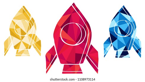 Red, Yellow and Blue Polygon Geometric Vector Illustration Flat Line Icon, Sign, Symbol of Space Rocket Science Technology. Graphic Design Outline Silhouette EPS10.