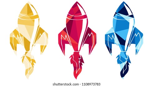Red, Yellow and Blue Polygon Geometric Vector Illustration Flat Line Icon, Sign, Symbol of Space Rocket Science Technology. Graphic Design Outline Silhouette EPS10.