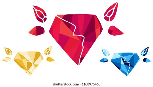 Red, Yellow and Blue Polygon Geometric Vector Illustration Flat Line Icon, Sign, Symbol of Diamond Rich Royal Jewelry. Graphic Design Outline Silhouette EPS10.