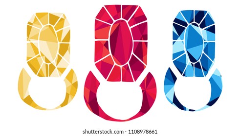 Red, Yellow and Blue Polygon Geometric Vector Illustration Flat Line Icon, Sign, Symbol of Diamond Rich Royal Jewelry. Graphic Design Outline Silhouette EPS10.