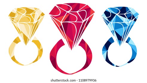 Red, Yellow and Blue Polygon Geometric Vector Illustration Flat Line Icon, Sign, Symbol of Diamond Rich Royal Jewelry. Graphic Design Outline Silhouette EPS10.