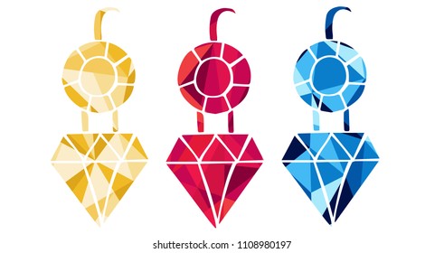 Red, Yellow and Blue Polygon Geometric Vector Illustration Flat Line Icon, Sign, Symbol of Diamond Rich Royal Jewelry. Graphic Design Outline Silhouette EPS10.