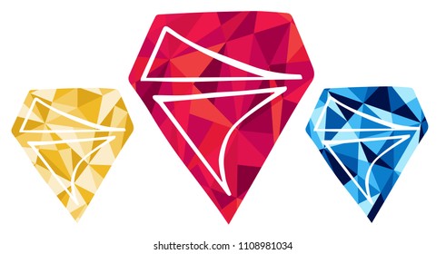 Red, Yellow and Blue Polygon Geometric Vector Illustration Flat Line Icon, Sign, Symbol of Diamond Rich Royal Jewelry. Graphic Design Outline Silhouette EPS10.