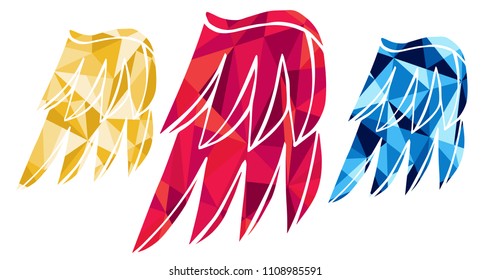 Red, Yellow and Blue Polygon Geometric Vector Illustration Flat Line Icon, Sign, Symbol of Wings Bird Decoration. Graphic Design Outline Silhouette EPS10.