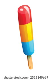 Red, yellow, and blue striped popsicle on stick. Vector cartoon illustration