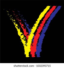red yellow and blue V on black background