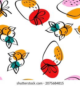 Red and Yellow Blueberry Vector White Seamless Pattern. Cartoon Berry Illustration. Pink and Green Strawberry Drawing Design.