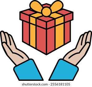 A red and yellow box is being held by two hands. The box is a gift, and the hands are protecting it. Concept of warmth and care, as if the gift is being cherished and valued