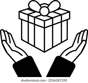 A red and yellow box is being held by two hands. The box is a gift, and the hands are protecting it. Concept of warmth and care, as if the gift is being cherished and valued