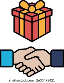 A red and yellow box with a red bow on top of it. The box is a gift. Two hands are shaking, which is a symbol of agreement or a handshake