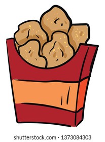 A red and yellow box of small pieces of brown chicken nuggets vector color drawing or illustration 