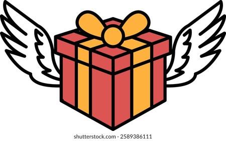 A red and yellow box with a white background and wings on top. The box is a gift and the wings represent the gift being delivered