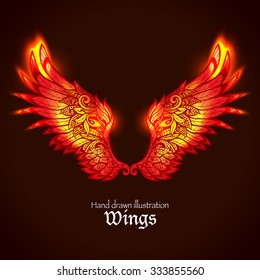 Red and yellow bright glowing ornamental wings in fire hand drawn vector illustration