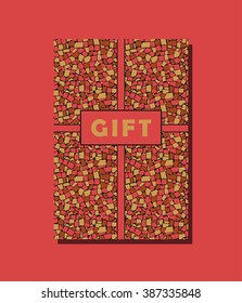 Red, yellow and brown vector vintage gift card design with asymmetric decorative tiles wall background. Vector illustration