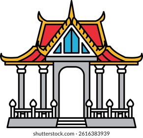 A red and yellow building with a blue roof. The building has a large archway and is surrounded by a fence