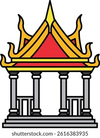A red and yellow building with a roof that has flames on it. The building is a temple