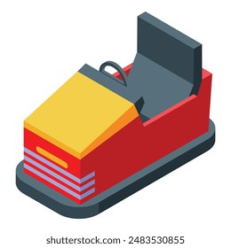 Red and yellow bumper car standing still, isometric illustration