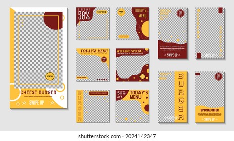 red yellow burger fast food social media posts and stories template set bundle