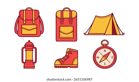 Red and Yellow Camping Gear Icons Backpacks Tent Lantern Boots Compass