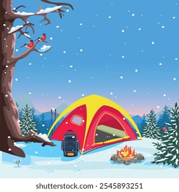 Red and yellow camping tent and fire on snowy meadow in forest. Beautiful winter landscape. Active winter recreation and travel image. Vector illustration.