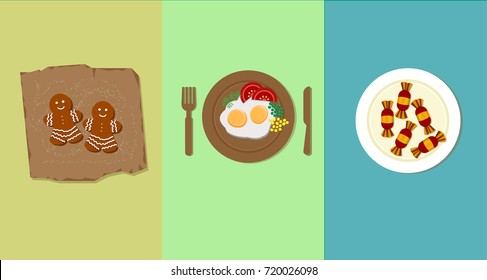 Red and Yellow Candy Plate Dish - Ginger Cookies - Fried Egg - Food Vector Illustration