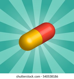 Red and yellow capsule closeup. Vector illustration. Medicine. The 3D sign.