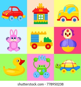 Red and yellow car, small house, pink bunny, car constructor, funny clown, rubber duck, frog beanbag and turtle on wheels vector illustrations set.