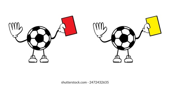 Red, yellow card soccer ball mascot. Comic. cartoon referee. Vector stadium, supporters. wk, ek sport finale, sports game. Street ball. Playground 2024, 2025, 2027.