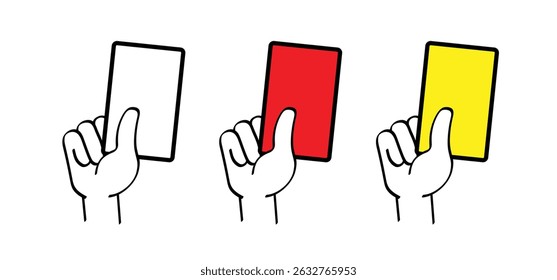 Red, yellow card soccer ball. Cartoon referee card, hand, holding a card. Vector stadium, supporters. wk, ek sport finale, sports game. Street ball. Playground 2026, 2027, 2028. 