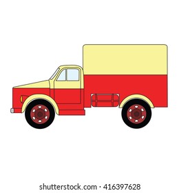 Red and yellow cartoon retro car. Vector old vintage truck. 