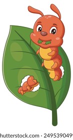 Red and yellow caterpillar on green leaf, eating leaves, perfect for nature themed designs, educational materials, and insect related projects. Vector illustration