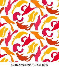 Red and yellow cats silhouettes seamless vector pattern on white background