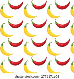 Red and yellow chili pepper seamless pattern vector illustration. Minimalist flat design of repeating hot spicy vegetables for kitchen textile, spicy food packaging and organic market decor.