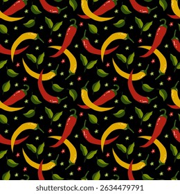red yellow chili peppers seamless pattern dark background