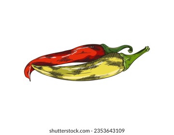 Red and yellow chili peppers in sketch style, vector illustration isolated on white background. Hand drawn hot and spicy peppers with retro engraving texture. Food drawing.