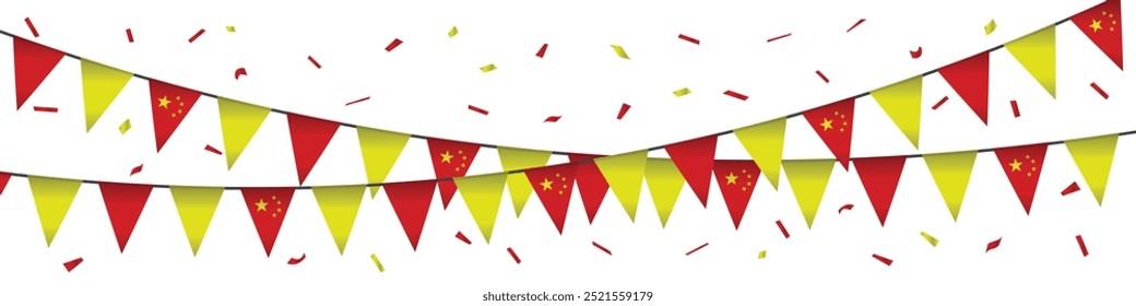 Guirnaldas rojas y amarillas de la bandera del partido de China aisladas en el fondo blanco. Ilustración vectorial para el día nacional de la República de las Personas de China. Plantilla de diseño de celebración de Festiva para el Anuncio.