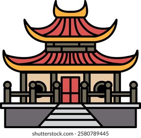 A red and yellow Chinese temple with a red roof. The building is very ornate and has a lot of detail