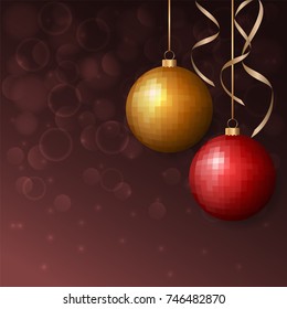 Red and yellow Christmas balls with space for text on bokeh background. Holiday decoration for Christmas and New Year. Vector illustration