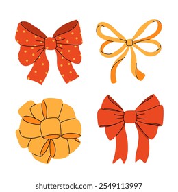 Red and yellow christmas bows. Hand drawn silk bow for holidays present boxes, Birthday gifts red ribbon decoration flat vector illustration set. Cartoon bows collection
