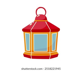 Red and yellow Christmas decorative lantern. Insulated lamp with a loop for hanging and glass for a candle. For winter themed project, holiday decoration, invitation, or greeting card.