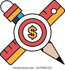 A red and yellow circle with a dollar sign in the middle. The circle is surrounded by a ruler and a pencil