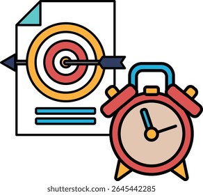 Um relógio vermelho e amarelo com uma seta azul apontando para a direita. O relógio está definido para a hora das 10:00