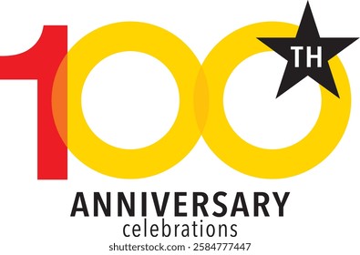 red and yellow color number 100 with word TH white color on black star and word anniversary celebrations black color are in the bottom.
