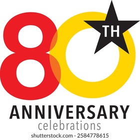 red and yellow color number 80 with word TH white color on black star and word anniversary celebrations black color are in the bottom.
